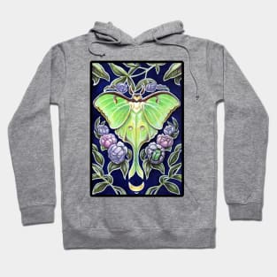 Luna Moth and Flowers - Black Outlined Version Hoodie